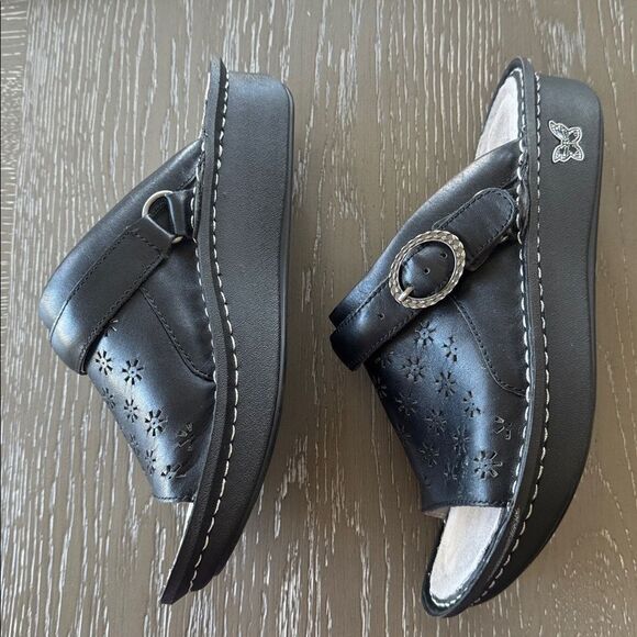 Alegria KLOVER Black Leather Slide Sandals or Slingback Lacer Cut Design Size 39 - Picture 3 of 12